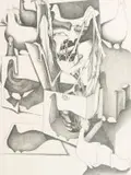 Cecily Sash, Composition with Buzzard Skeleton and Birds, pencil on paper