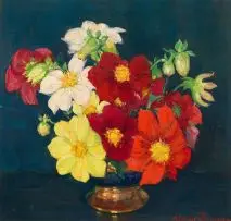 Alfred Palmer, Still Life with Dahlias in a Vase, oil on board