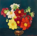 Alfred Palmer, Still Life with Dahlias in a Vase, oil on board