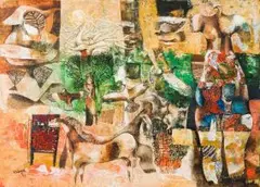 Lucky Sibiya, Composition with Animals and Barren Tree, acrylic on paper