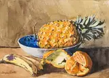 Still Life with Pineapple, Bananas and Orange by Sydney Carter, watercolour, offered Jun 2017