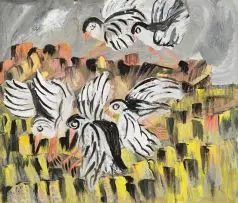 Gladys Mgudlandlu, Birds Over a Field, gouache on paper