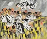 Gladys Mgudlandlu, Birds Over a Field, gouache on paper
