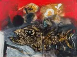 Antoni Clavé, Still Life with Fish on a Table, mixed media on board