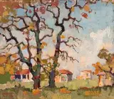 Gregoire Boonzaier, Landscape with Two Oaks, Newlands, late Autumn