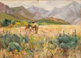 Landscape with Figures and Mountains by Hugo Naude, oil on board, sold Jun 2017