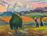 Maggie Laubser, Landscape with Water Carriers and Geese, oil on board