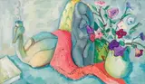 Still Life with Barotse Vessel, Red Cloth and Petunias by Alexis Preller, oil on canvas, sold Jun 2017