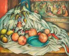 Alexis Preller, Still Life with Thangka and Pomegranates, oil on canvas