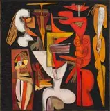 Cecil Skotnes, Encounter, carved, incised and painted wood panel
