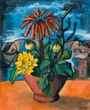 Peter Clarke, Still Life with Indigenous Flowers and Rocky Landscape, gouache on paper