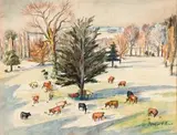Maud Sumner, Cows Grazing Beneath the Trees, ink and watercolour on paper