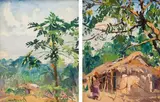 Guilherme d'Oliveira Marques, Coconut Tree; Woman Near a Hut, two, oil on panel