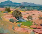 Landscape with Trees and Mountains Beyond by Piet van Heerden, oil on board, offered Nov 2016