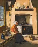 Kitchen Interior with elderly Women by Alexander Rose-Innes, oil on canvas, sold Nov 2016