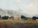 Landscape with Church by Errol Boyley, oil on board, sold Nov 2016