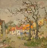 Straat met twee bome en oranje dakke. Kenilworth, Kaap by Gregoire Boonzaier, oil on canvas laid down on board, offered Nov 2016
