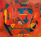 Sam Nhlengethwa, Abstract in Orange and Blue, oil and mixed media on canvas