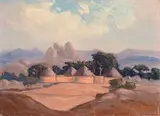 Village with Mountains Beyond by Jacobus Hendrik Pierneef, oil on board, sold Nov 2016