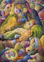 Mo Mahaena Ke Mathata (At Home is Difficult) by Helen Sebidi, acrylic on canvas, sold Nov 2016