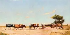 Cattle Pulling Wagon by Adriaan Boshoff, oil on board, sold Nov 2016