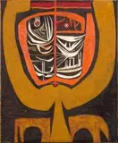 Cecil Skotnes, Head, carved, incised and painted wood panel