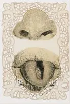 Nose and Mouth by Steven Cohen, screenprint in colours on fabric, offered Jul 2016