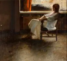 Harold Voigt, Interior with Seated Figure at Window, oil on canvas, loose laid on board