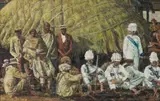 Anton Karstel, Gathering in Front of a Hut, oil on canvas