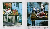 Peter Clarke, Red Apples; Fish and Wine, two, colour linocut