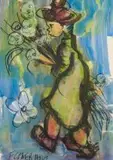 Frans Claerhout, Boy Wearing a Hat, Carrying Flowers, mixed media