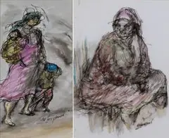 Amos Langdown, Women, pen, ink and wash
