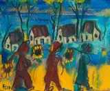 Three Figures holding Sunflowers by Frans Claerhout, oil on board, sold Jul 2016
