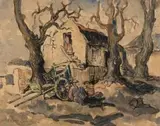 Alexander Rose-Innes, Cottage with Wagon, watercolour and charcoal