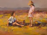 Gian-Piero Garizio, Boy and Girl on a Beach, oil on board