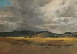 Eben van der Merwe, Landscape with Approaching Storm, oil on board