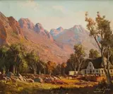 Tinus de Jongh, Mountains and House, oil on canvas
