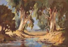 Johannes Oldert, River and Gum Trees, oil on canvas laid down on board