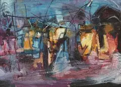 Ephraim Ngatane, Township at Night, oil on board