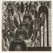 Azaria Mbatha, Huts and Figures, linocut
