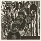 Azaria Mbatha, Huts and Figures, linocut