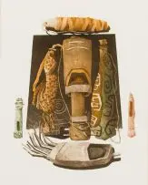 Pippa Skotnes, Still Life with African Artefacts, colour etching