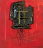 Hannes Harrs, Abstract on Red, mixed media and found objects on board