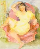 Cecil Higgs, Seated Lady in a Yellow Dress, mixed media on card