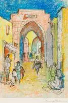 Ernest Ullmann, Street Scene, mixed media on paper