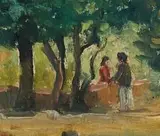 Chatting in the Back Garden by Piet van Heerden, oil on panel, offered Apr 2016