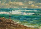 Adriaan Boshoff, Fisherman on Rocks, oil on board