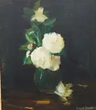 Clément Serneels, Still Life with Camellias in a Vase, oil on board