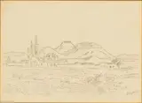 Sketch of Houses and Mountain Range by Jacobus Hendrik Pierneef, pencil on paper, sold Apr 2016