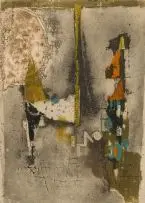 Abstract Composition by Johnny Friedlaender, colour etching, sold Nov 2016